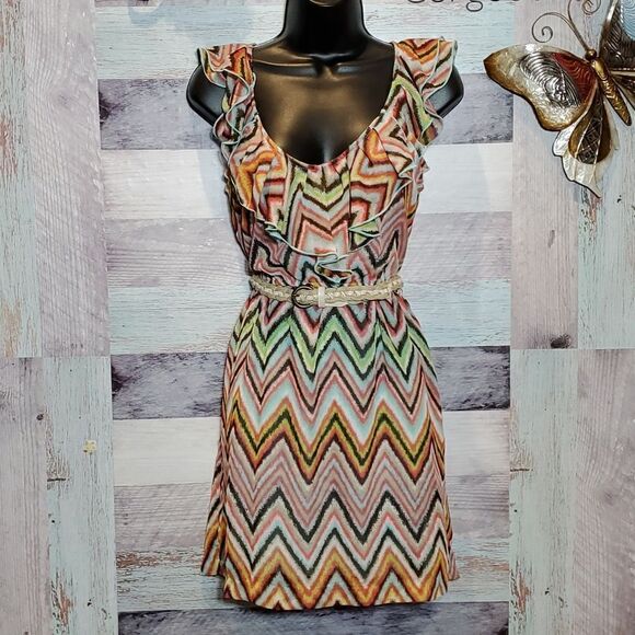 Teeze Me Sz 3 Multicolor Ombre Stripe Ruffle Sleeveless Summer Belted Dress 224 - Picture 1 of 9